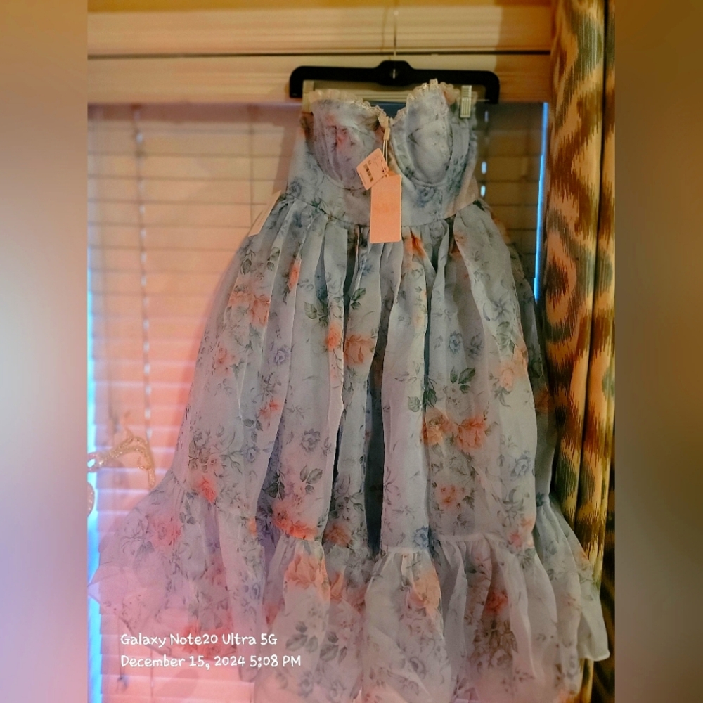 NWT Free People x Selkie 'French Corset Puff Dress' in Blue Floral
